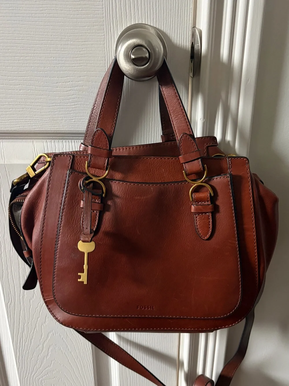 Fossil Chestnut Brown Leather Messenger Bag with Gold Hardware